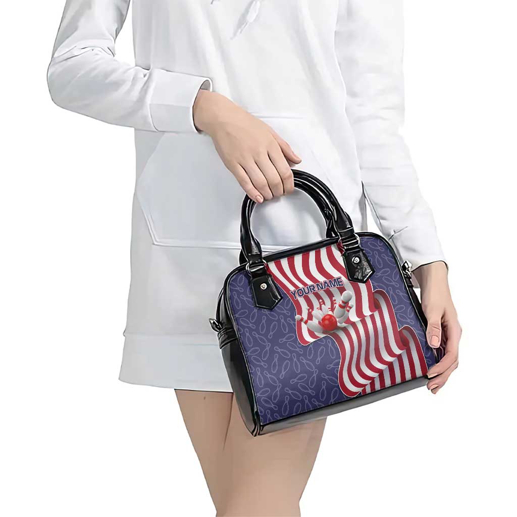American Flag Bowling Pin Strike Graphic Shoulder Handbag with Custom Name and Pattern Background - Wonder Print Shop