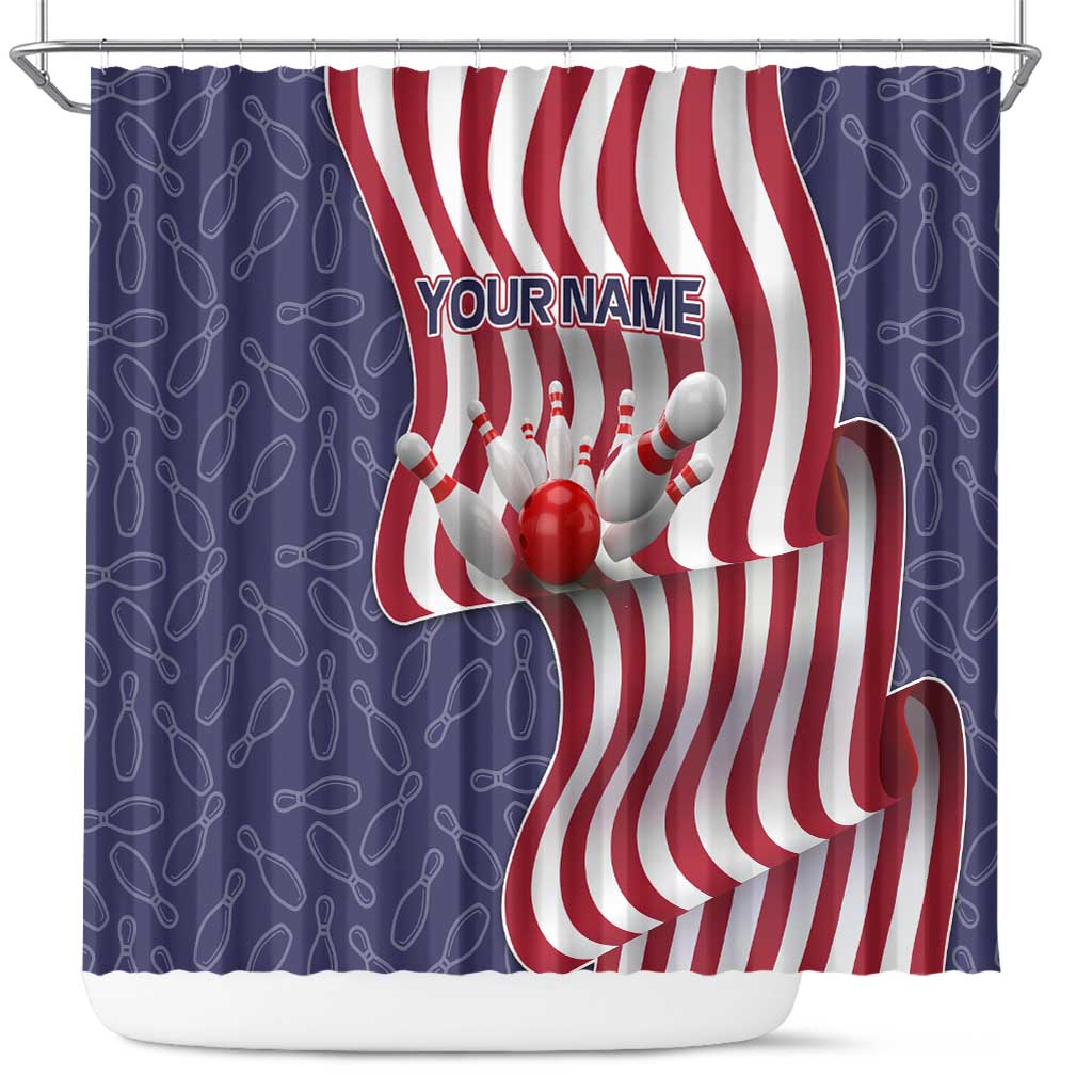 American Flag Bowling Pin Strike Graphic Shower Curtain with Custom Name and Pattern Background - Wonder Print Shop