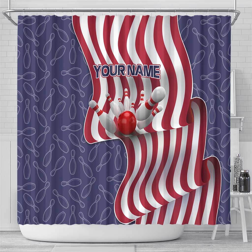 American Flag Bowling Pin Strike Graphic Shower Curtain with Custom Name and Pattern Background - Wonder Print Shop