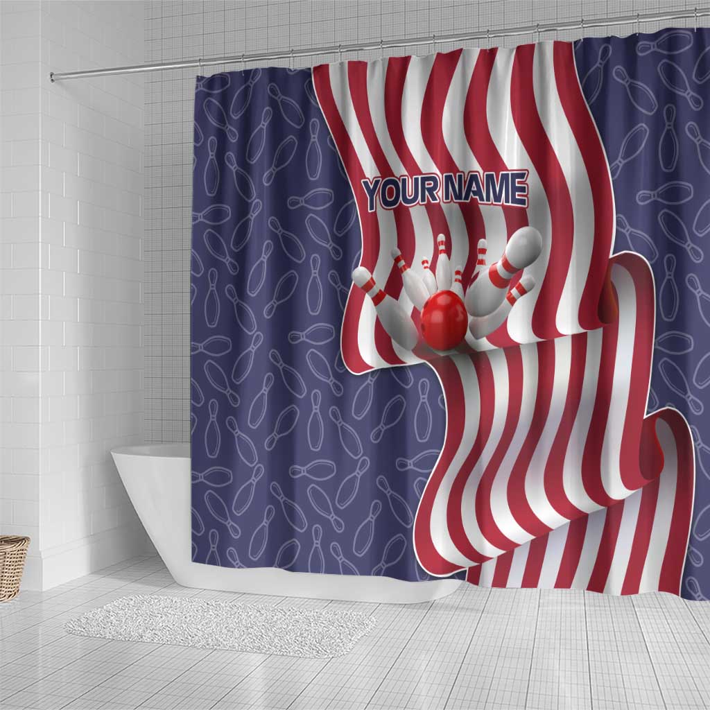 American Flag Bowling Pin Strike Graphic Shower Curtain with Custom Name and Pattern Background - Wonder Print Shop
