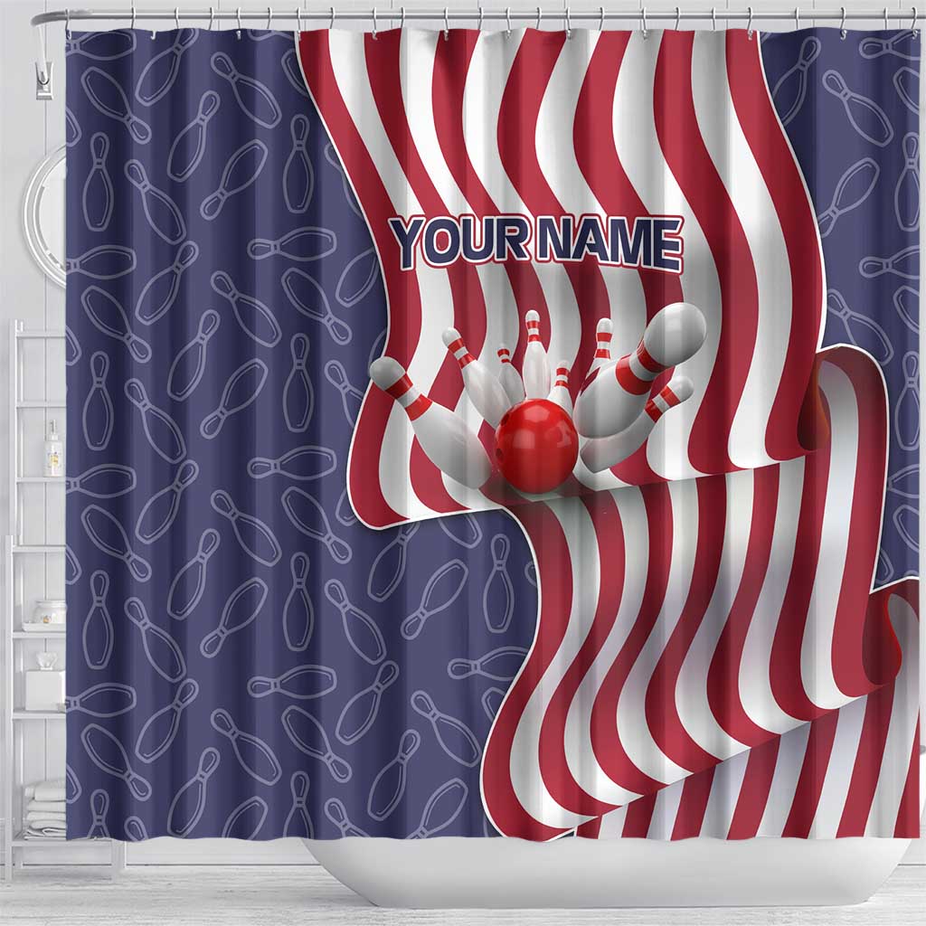 American Flag Bowling Pin Strike Graphic Shower Curtain with Custom Name and Pattern Background - Wonder Print Shop