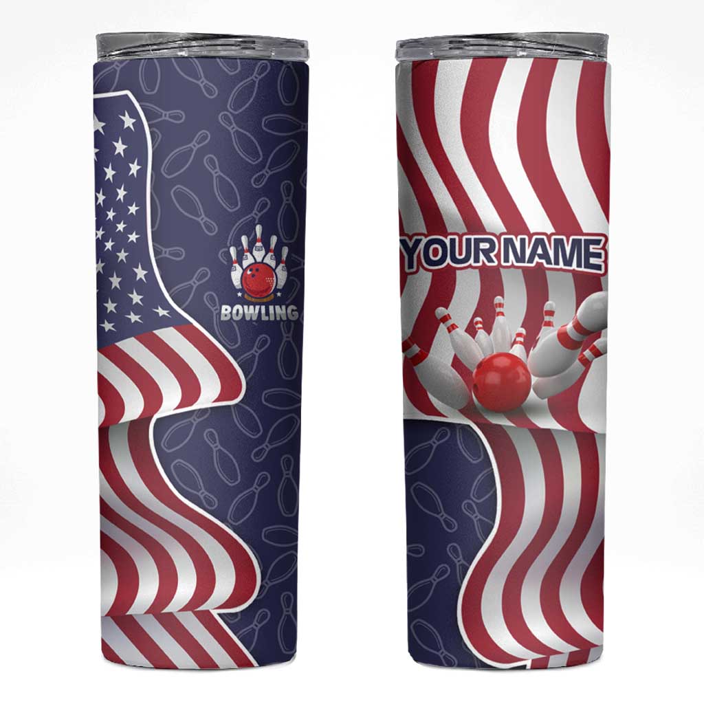 American Flag Bowling Pin Strike Graphic Skinny Tumbler with Custom Name and Pattern Background - Wonder Print Shop