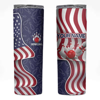 American Flag Bowling Pin Strike Graphic Skinny Tumbler with Custom Name and Pattern Background - Wonder Print Shop