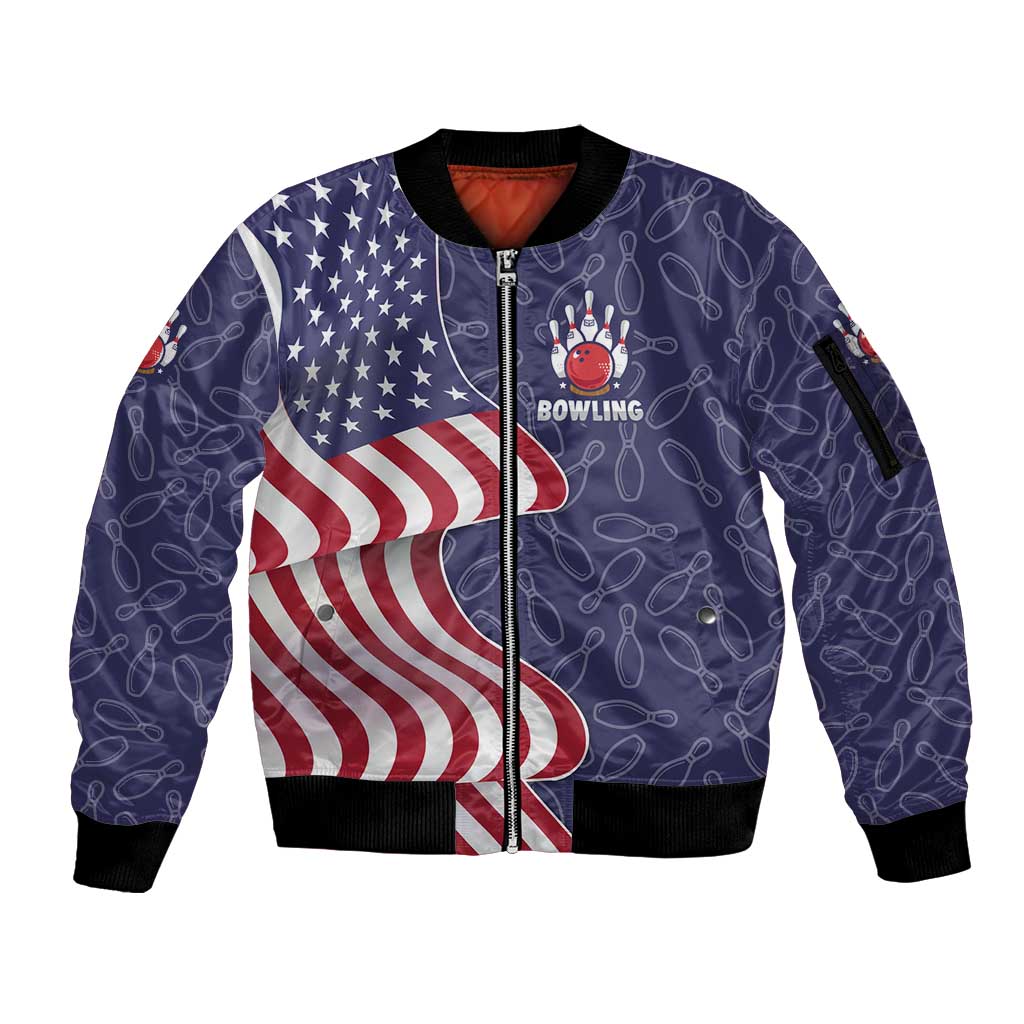 American Flag Bowling Pin Strike Graphic Sleeve Zip Bomber Jacket with Custom Name and Pattern Background - Wonder Print Shop