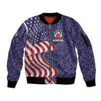 American Flag Bowling Pin Strike Graphic Sleeve Zip Bomber Jacket with Custom Name and Pattern Background - Wonder Print Shop