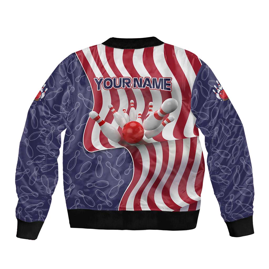 American Flag Bowling Pin Strike Graphic Sleeve Zip Bomber Jacket with Custom Name and Pattern Background - Wonder Print Shop