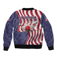 American Flag Bowling Pin Strike Graphic Sleeve Zip Bomber Jacket with Custom Name and Pattern Background - Wonder Print Shop