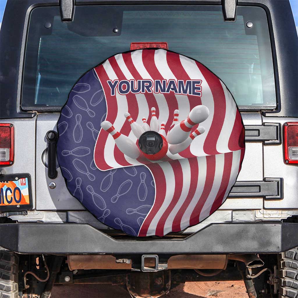 American Flag Bowling Pin Strike Graphic Spare Tire Cover with Custom Name and Pattern Background - Wonder Print Shop