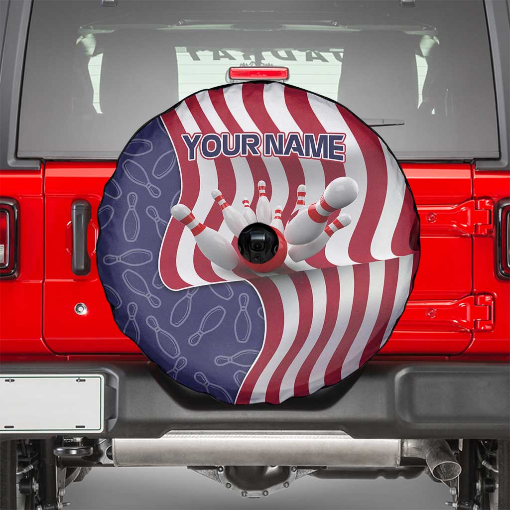 American Flag Bowling Pin Strike Graphic Spare Tire Cover with Custom Name and Pattern Background - Wonder Print Shop