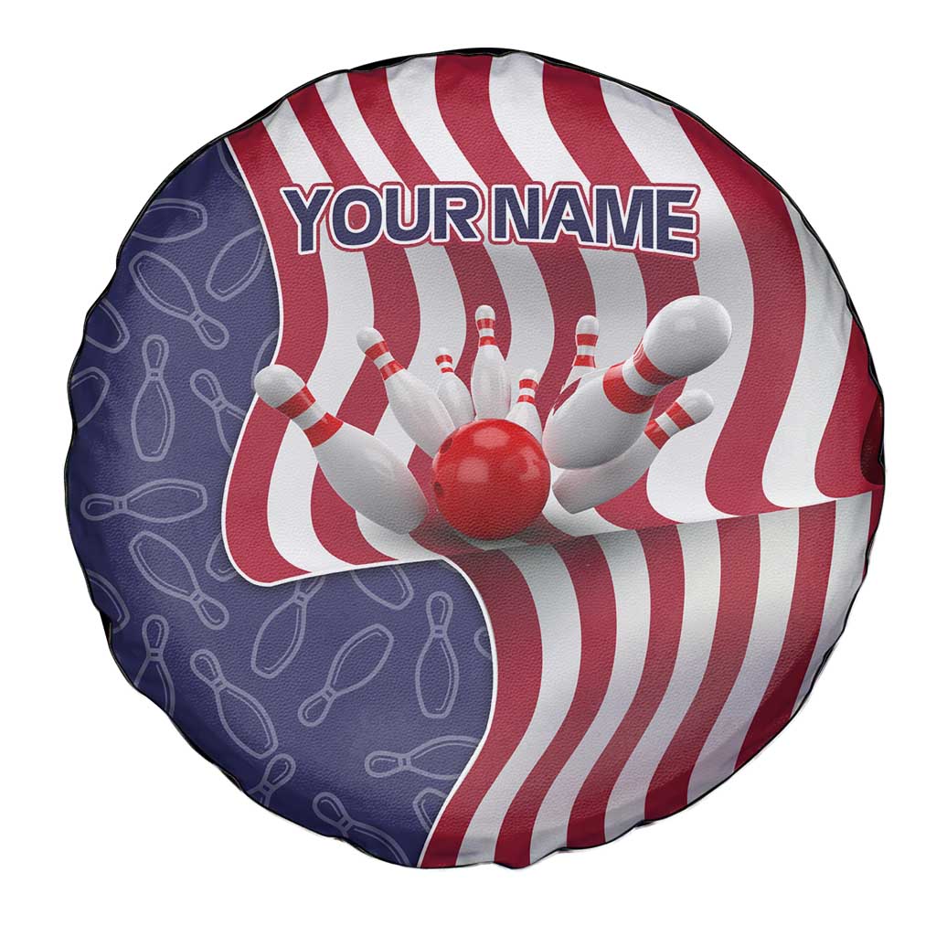 American Flag Bowling Pin Strike Graphic Spare Tire Cover with Custom Name and Pattern Background - Wonder Print Shop