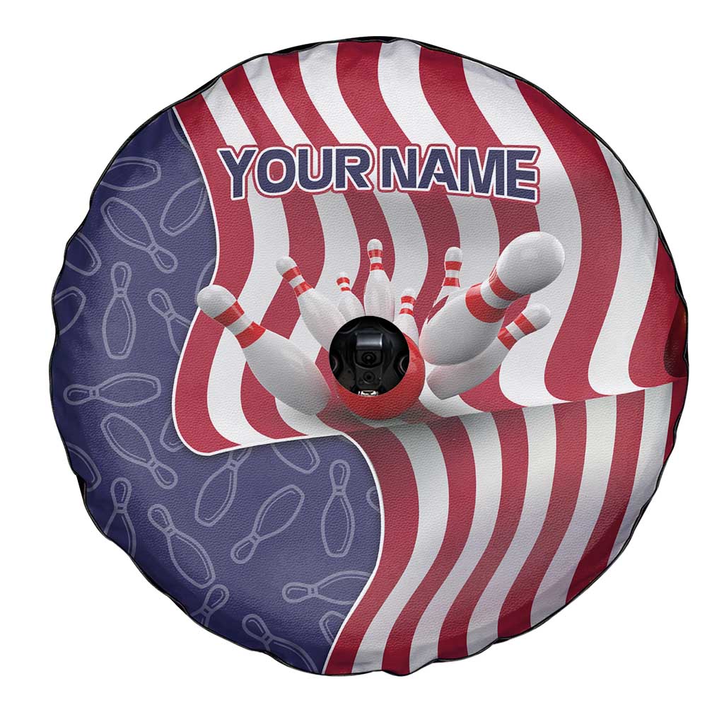 American Flag Bowling Pin Strike Graphic Spare Tire Cover with Custom Name and Pattern Background - Wonder Print Shop