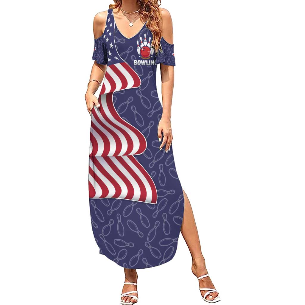 American Flag Bowling Pin Strike Graphic Summer Maxi Dress with Custom Name and Pattern Background - Wonder Print Shop