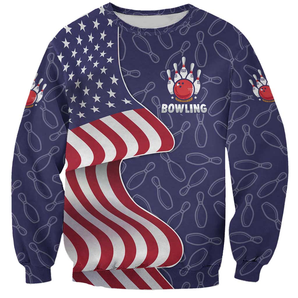 American Flag Bowling Pin Strike Graphic Sweatshirt with Custom Name and Pattern Background - Wonder Print Shop