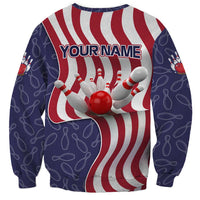 American Flag Bowling Pin Strike Graphic Sweatshirt with Custom Name and Pattern Background - Wonder Print Shop