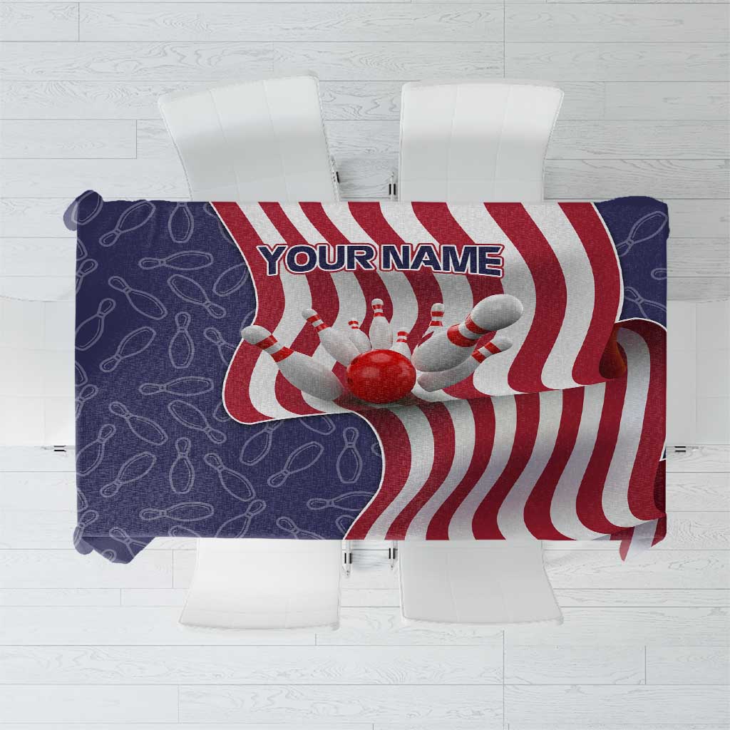 American Flag Bowling Pin Strike Graphic Tablecloth with Custom Name and Pattern Background - Wonder Print Shop