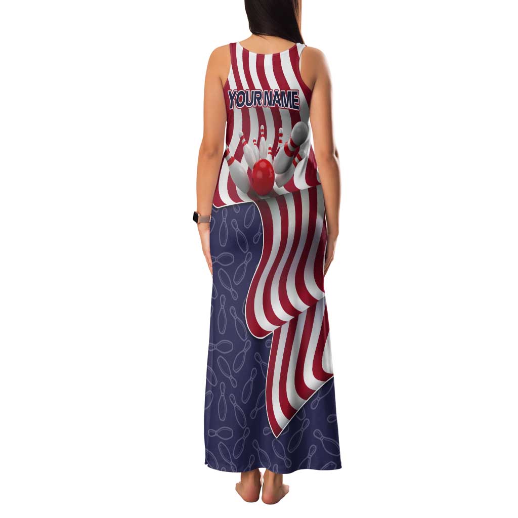 American Flag Bowling Pin Strike Graphic Tank Maxi Dress with Custom Name and Pattern Background - Wonder Print Shop