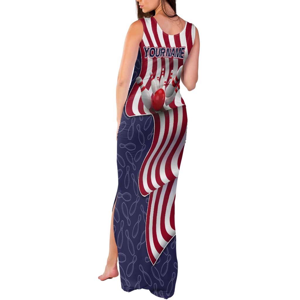 American Flag Bowling Pin Strike Graphic Tank Maxi Dress with Custom Name and Pattern Background - Wonder Print Shop