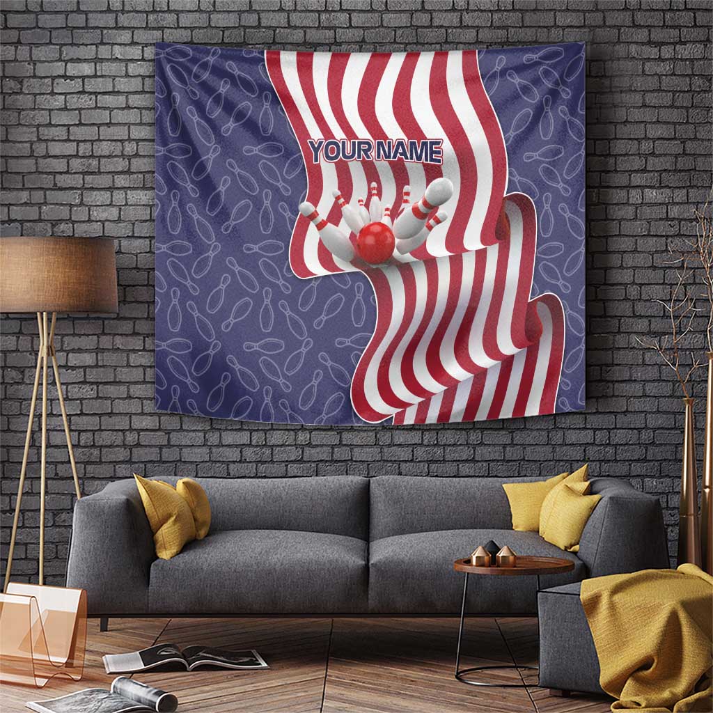 American Flag Bowling Pin Strike Graphic Tapestry with Custom Name and Pattern Background - Wonder Print Shop