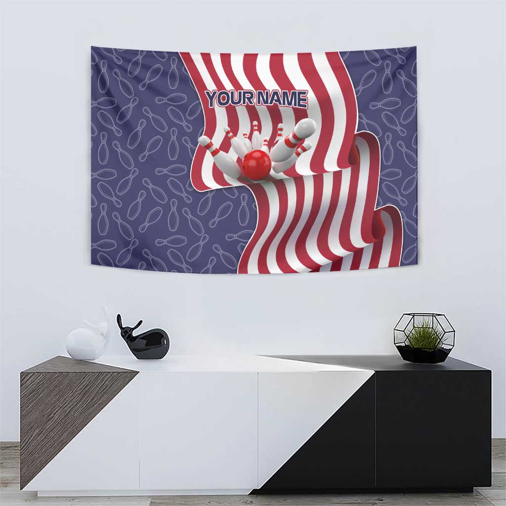 American Flag Bowling Pin Strike Graphic Tapestry with Custom Name and Pattern Background - Wonder Print Shop