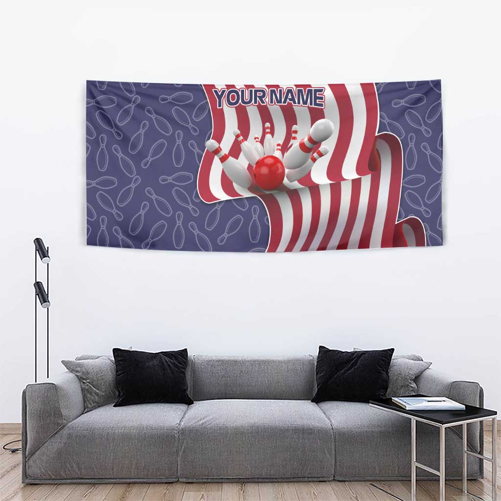 American Flag Bowling Pin Strike Graphic Tapestry with Custom Name and Pattern Background - Wonder Print Shop