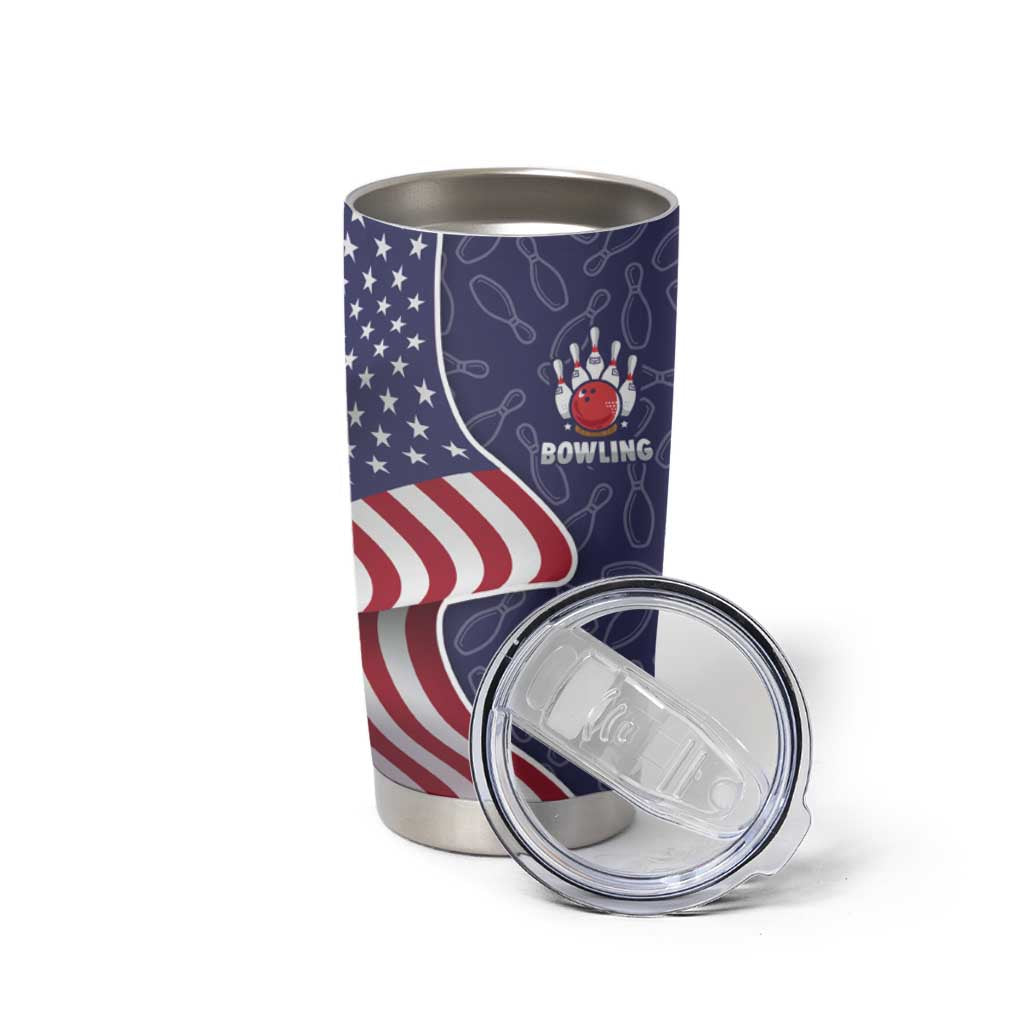 American Flag Bowling Pin Strike Graphic Tumbler Cup with Custom Name and Pattern Background - Wonder Print Shop