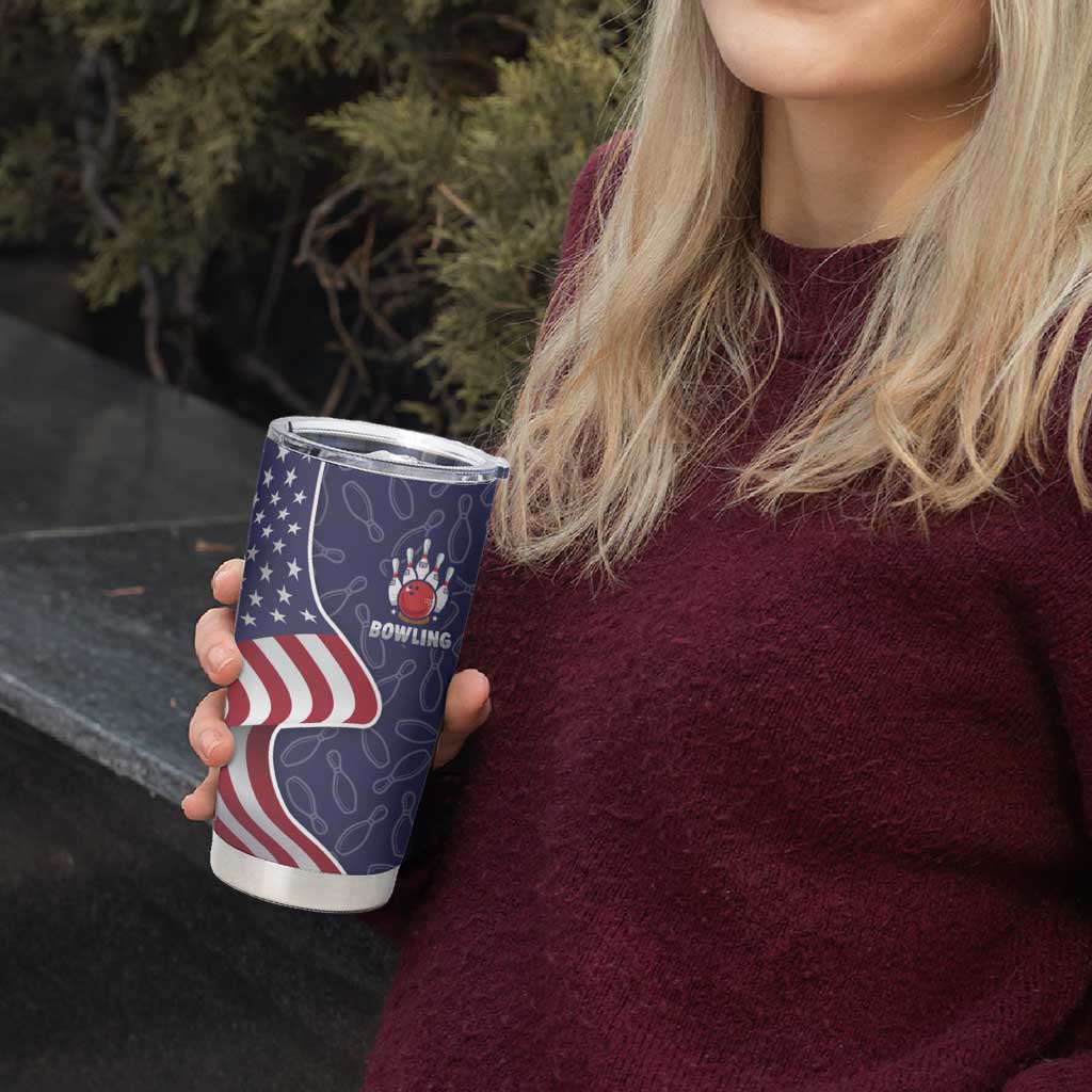 American Flag Bowling Pin Strike Graphic Tumbler Cup with Custom Name and Pattern Background - Wonder Print Shop