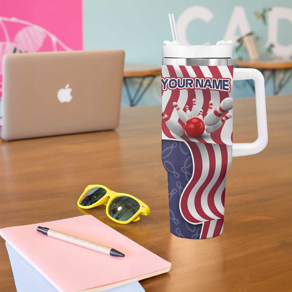 American Flag Bowling Pin Strike Graphic Tumbler With Handle with Custom Name and Pattern Background - Wonder Print Shop