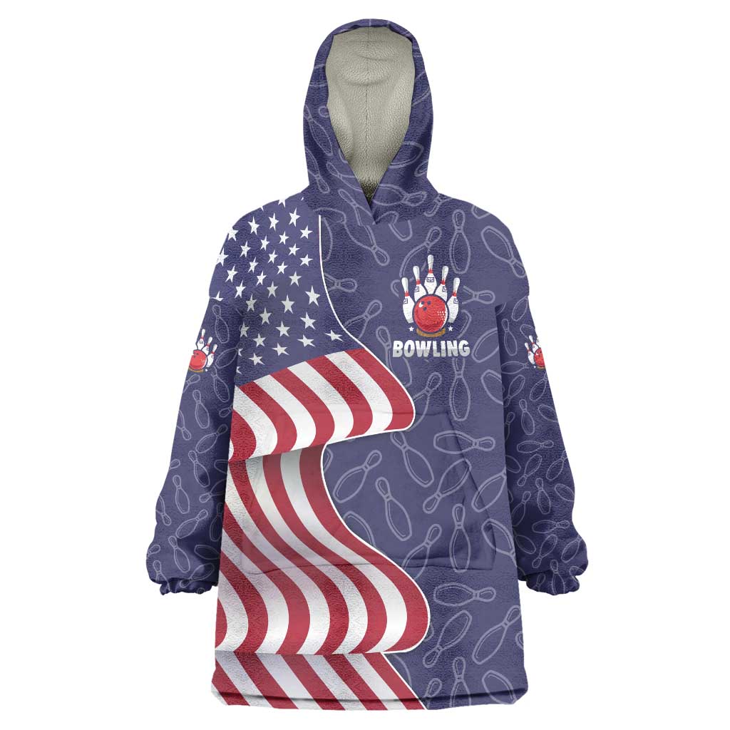 American Flag Bowling Pin Strike Graphic Wearable Blanket Hoodie with Custom Name and Pattern Background - Wonder Print Shop