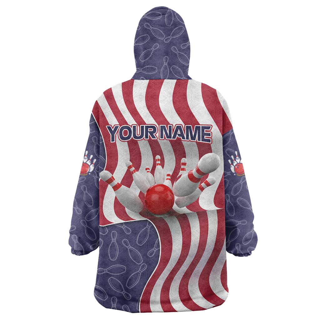 American Flag Bowling Pin Strike Graphic Wearable Blanket Hoodie with Custom Name and Pattern Background - Wonder Print Shop