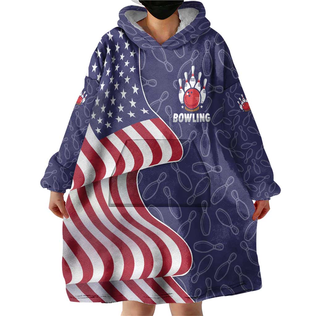 American Flag Bowling Pin Strike Graphic Wearable Blanket Hoodie with Custom Name and Pattern Background - Wonder Print Shop