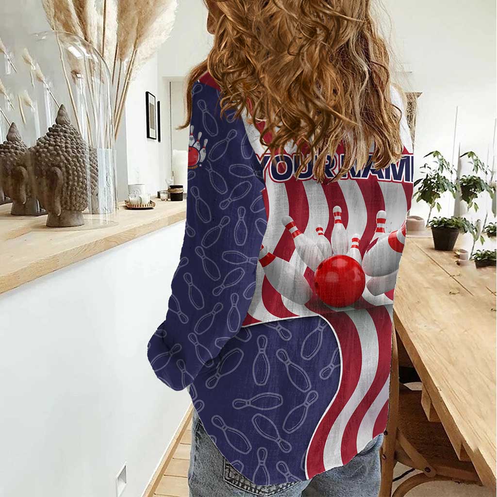American Flag Bowling Pin Strike Graphic Women Casual Shirt with Custom Name and Pattern Background - Wonder Print Shop