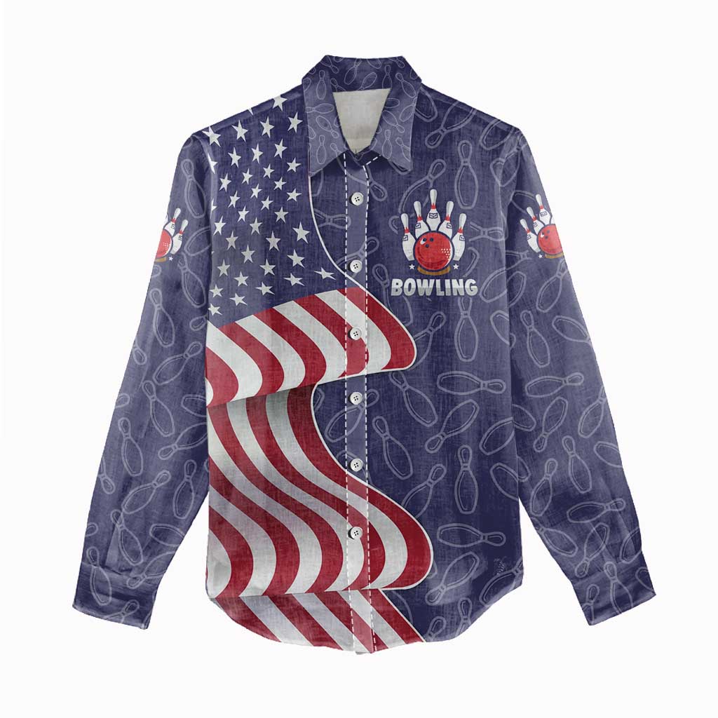 American Flag Bowling Pin Strike Graphic Women Casual Shirt with Custom Name and Pattern Background - Wonder Print Shop