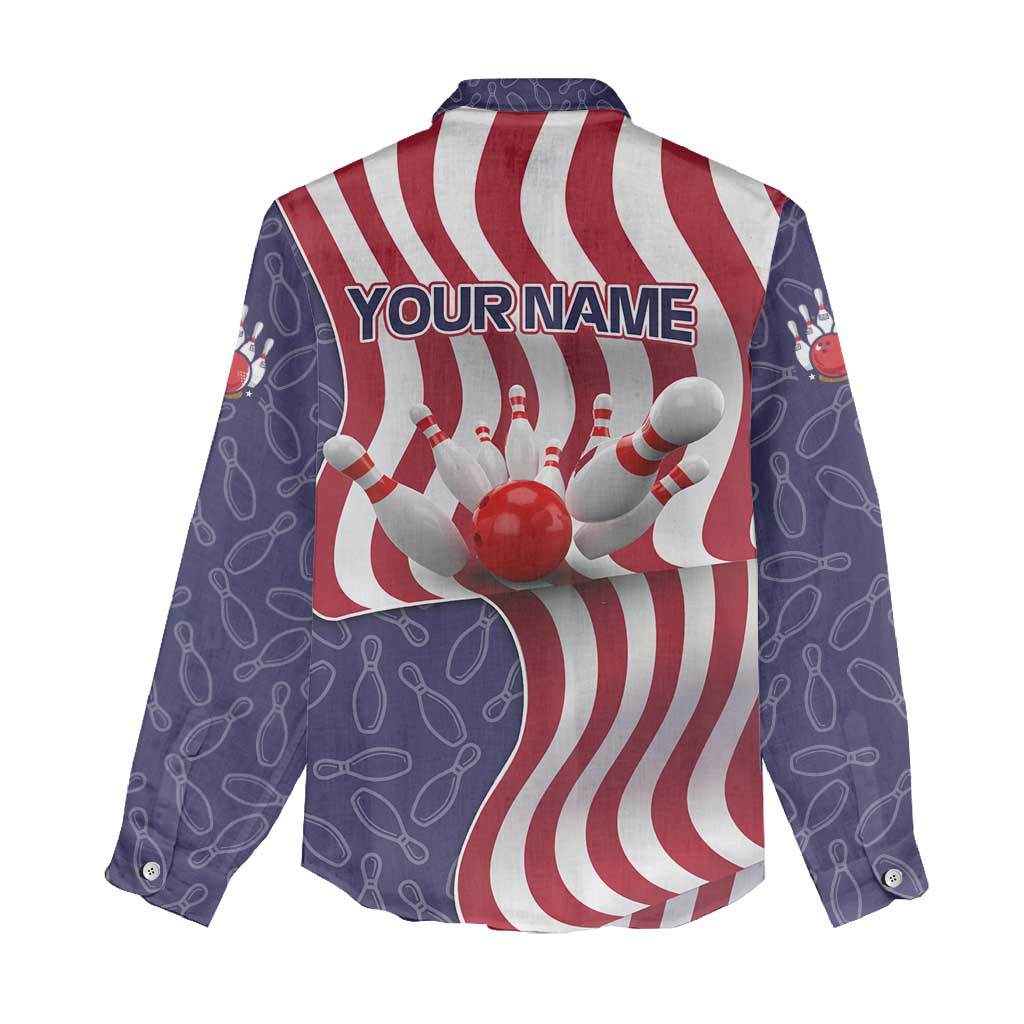 American Flag Bowling Pin Strike Graphic Women Casual Shirt with Custom Name and Pattern Background - Wonder Print Shop