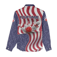American Flag Bowling Pin Strike Graphic Women Casual Shirt with Custom Name and Pattern Background - Wonder Print Shop