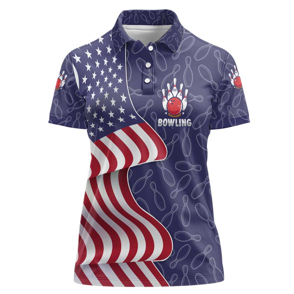 American Flag Bowling Pin Strike Graphic Women Polo Shirt with Custom Name and Pattern Background - Wonder Print Shop