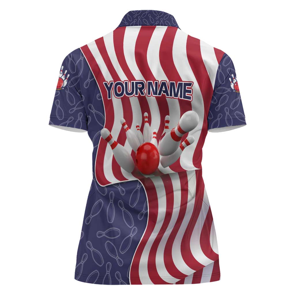 American Flag Bowling Pin Strike Graphic Women Polo Shirt with Custom Name and Pattern Background - Wonder Print Shop