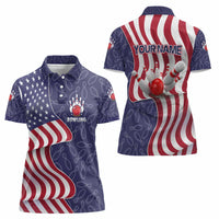 American Flag Bowling Pin Strike Graphic Women Polo Shirt with Custom Name and Pattern Background - Wonder Print Shop