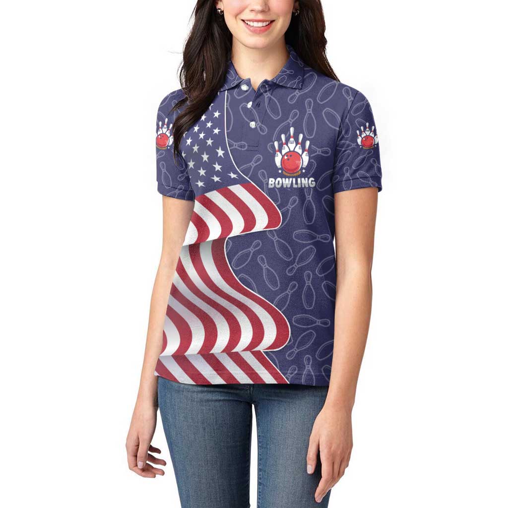 American Flag Bowling Pin Strike Graphic Women Polo Shirt with Custom Name and Pattern Background - Wonder Print Shop