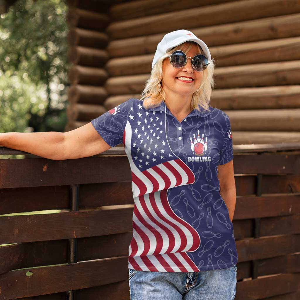American Flag Bowling Pin Strike Graphic Women Polo Shirt with Custom Name and Pattern Background - Wonder Print Shop