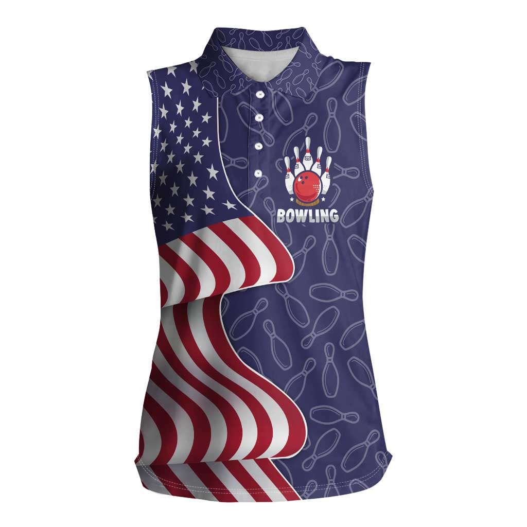 American Flag Bowling Pin Strike Graphic Women Sleeveless Polo Shirt with Custom Name and Pattern Background - Wonder Print Shop