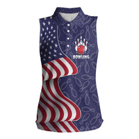 American Flag Bowling Pin Strike Graphic Women Sleeveless Polo Shirt with Custom Name and Pattern Background - Wonder Print Shop