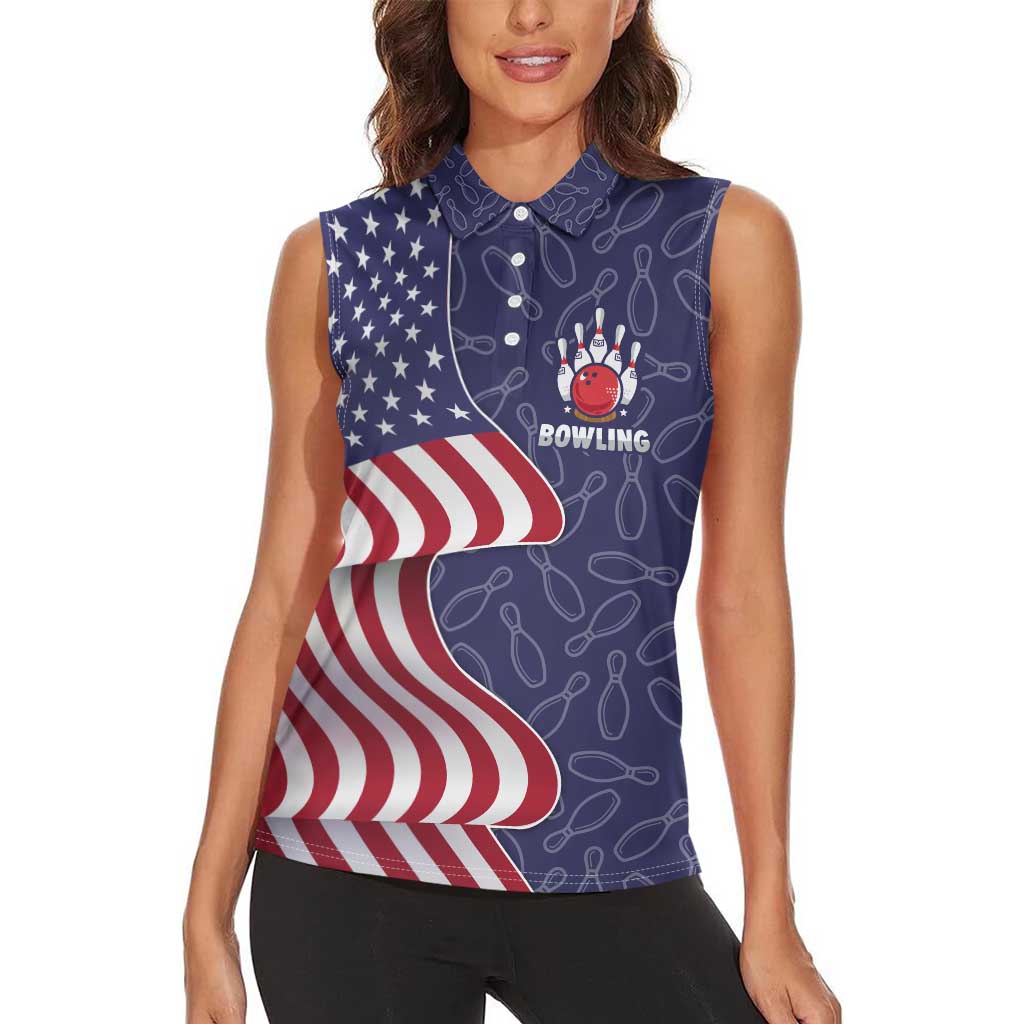 American Flag Bowling Pin Strike Graphic Women Sleeveless Polo Shirt with Custom Name and Pattern Background - Wonder Print Shop