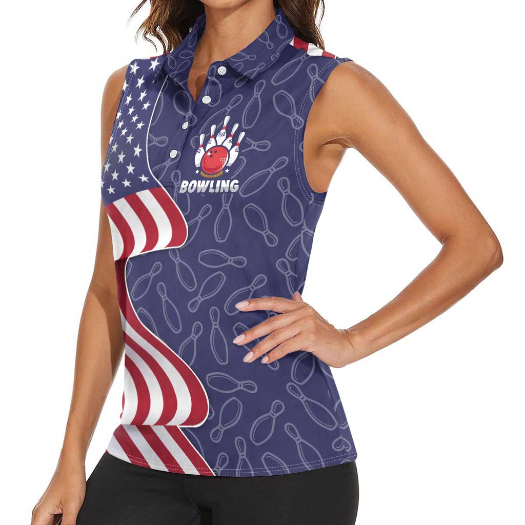 American Flag Bowling Pin Strike Graphic Women Sleeveless Polo Shirt with Custom Name and Pattern Background - Wonder Print Shop