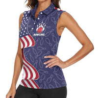 American Flag Bowling Pin Strike Graphic Women Sleeveless Polo Shirt with Custom Name and Pattern Background - Wonder Print Shop
