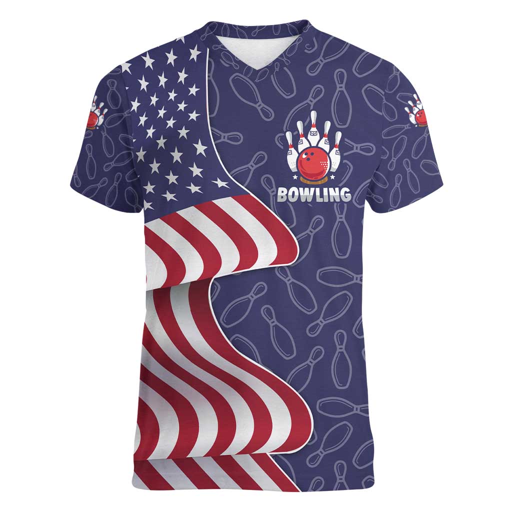 American Flag Bowling Pin Strike Graphic Women V-Neck T-Shirt with Custom Name and Pattern Background - Wonder Print Shop