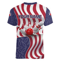 American Flag Bowling Pin Strike Graphic Women V-Neck T-Shirt with Custom Name and Pattern Background - Wonder Print Shop