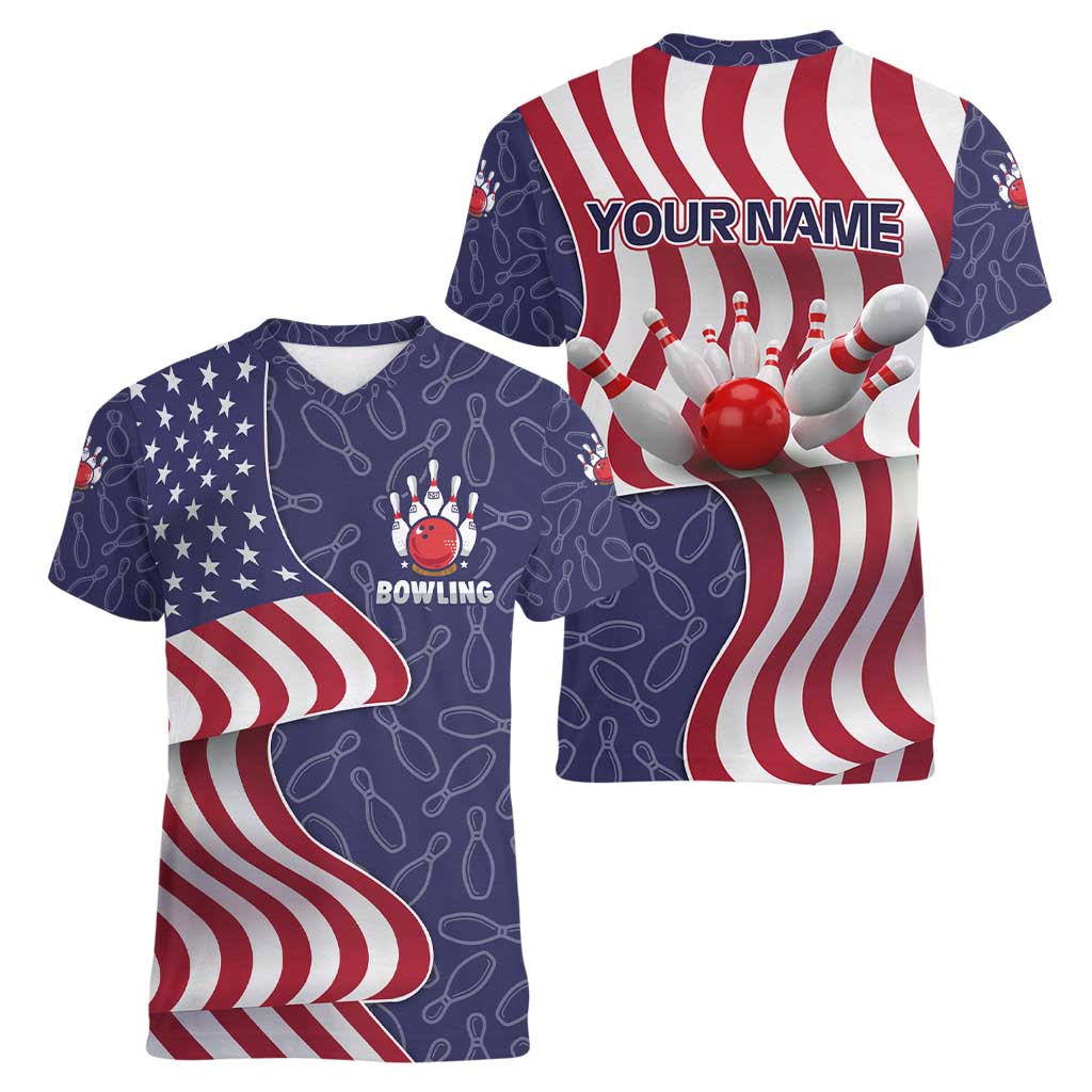 American Flag Bowling Pin Strike Graphic Women V-Neck T-Shirt with Custom Name and Pattern Background - Wonder Print Shop