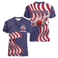 American Flag Bowling Pin Strike Graphic Women V-Neck T-Shirt with Custom Name and Pattern Background - Wonder Print Shop