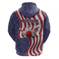 American Flag Bowling Pin Strike Graphic Zip Hoodie with Custom Name and Pattern Background - Wonder Print Shop