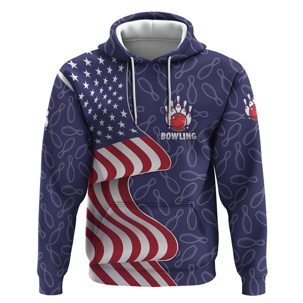 American Flag Bowling Pin Strike Graphic Zip Hoodie with Custom Name and Pattern Background - Wonder Print Shop